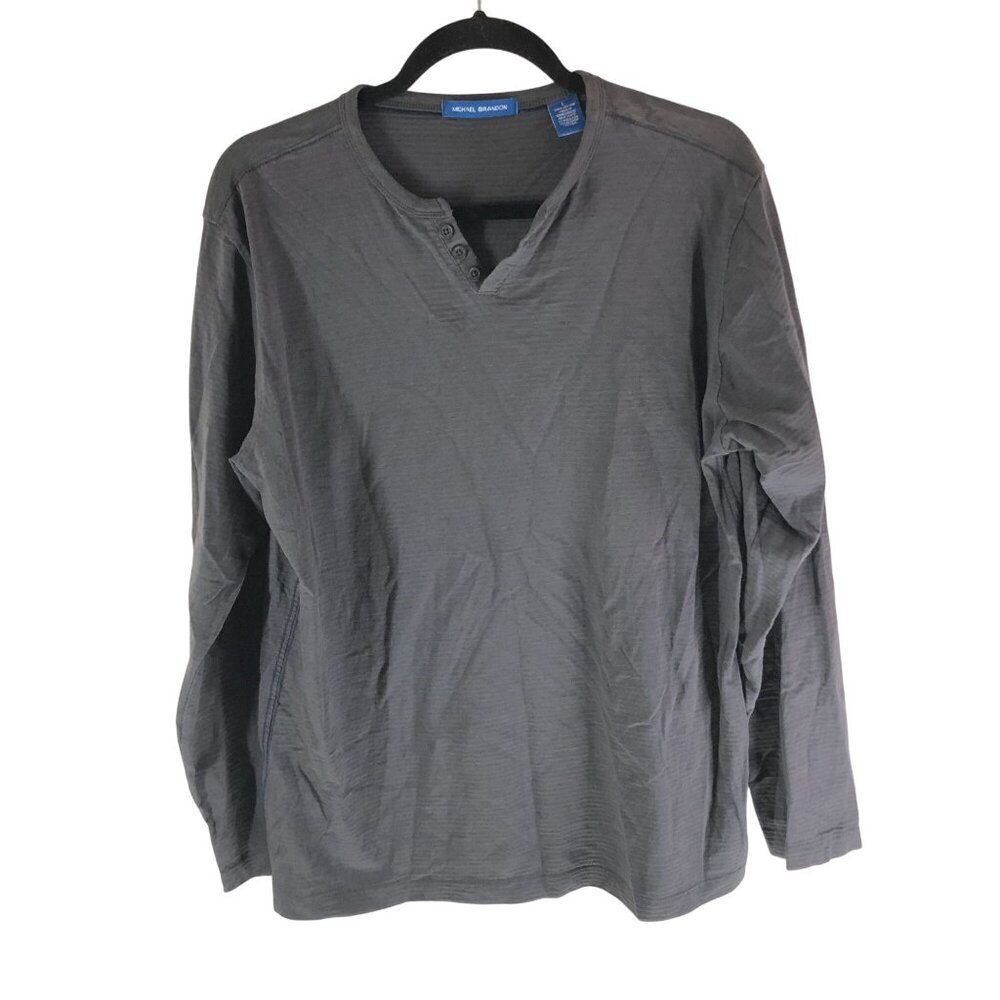 Michael Brandon Mens Gray Long Sleeve Henley Shirt 100% Cotton Size L